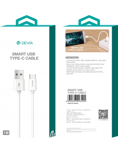 USB kabelis Devia Smart Type-C 2.0m baltas