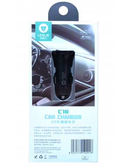 Įkroviklis automobilinis Leslie C18 su 2 USB jungtimis 2.4A (1A+2A) juodas