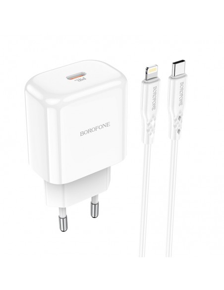 Įkroviklis buitinis Borofone BN3 Type-C QC 3.0, PD 2.0 20W + Lightning, baltas