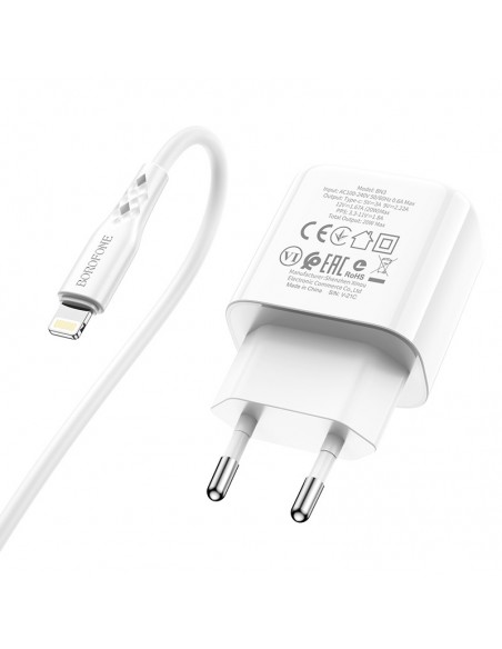 Įkroviklis buitinis Borofone BN3 Type-C QC 3.0, PD 2.0 20W + Lightning, baltas