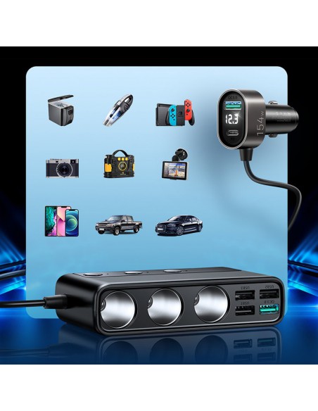 Įkroviklis automobilinis Joyroom 9in1 154W 3x12V, PD USB Type-C, QC3.0 USB-A, 4xUSB-A JR-CL06
