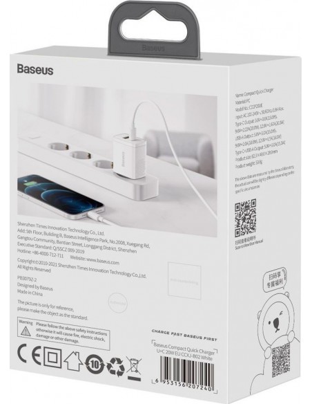 Įkroviklis buitinis Baseus USB + Type-C 20W baltas CCXJ-B02