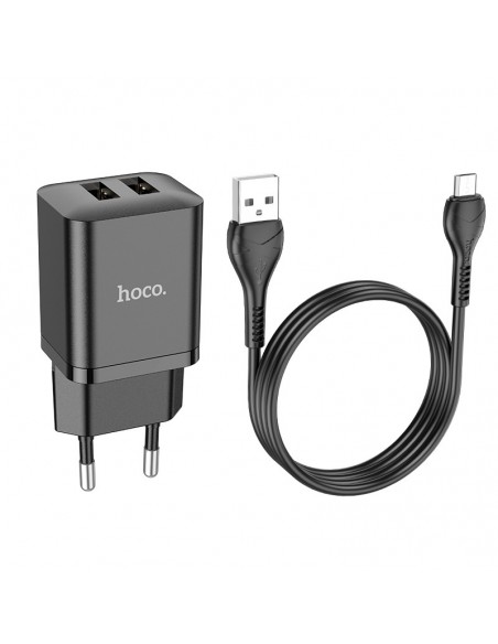 Įkroviklis buitinis Hoco N25 2xUSB-A (2.1A) + MicroUSB juodas