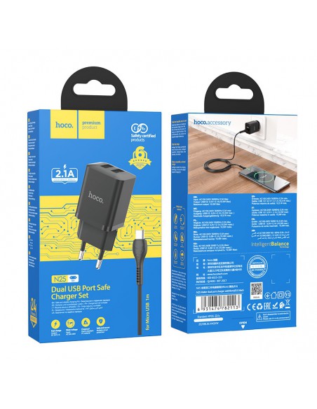Įkroviklis buitinis Hoco N25 2xUSB-A (2.1A) + MicroUSB juodas