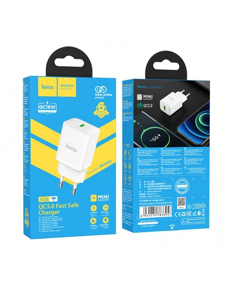 Įkroviklis buitinis Hoco N26 USB-A Quick Charge 3.0 18W baltas