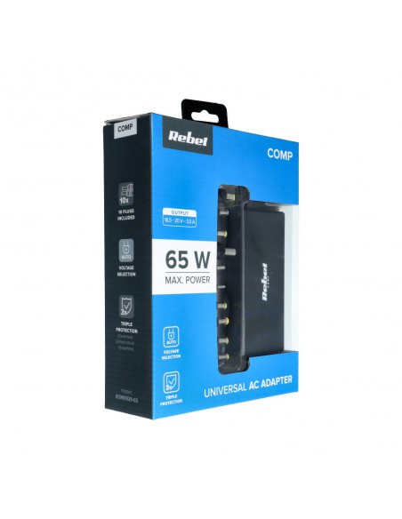 Įkroviklis buitinis universalus REBEL for Notebook/Laptop 65W/18-20V juodas