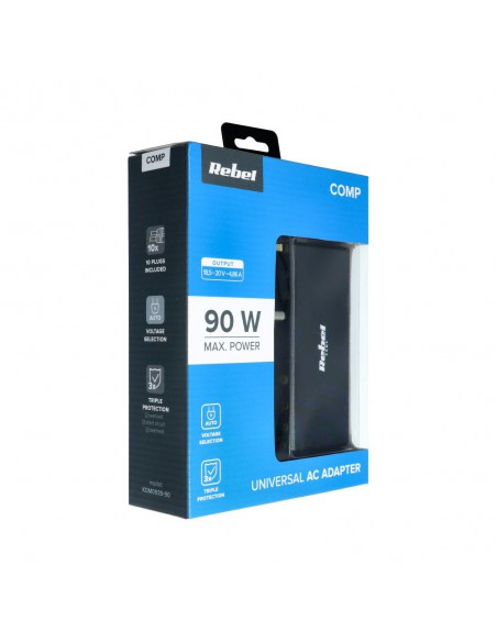 Įkroviklis buitinis universalus REBEL for Notebook/Laptop 90W/18-20V juodas
