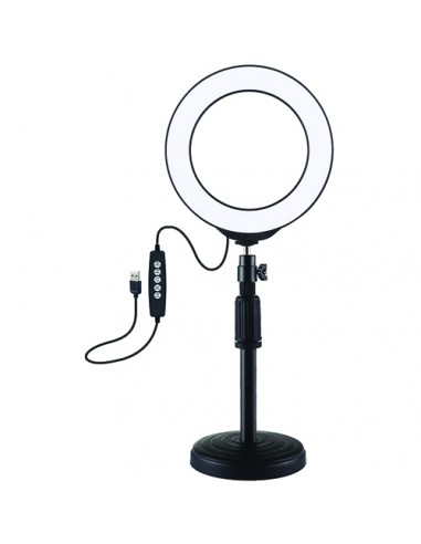 LED žiedinė lempa 16cm, su stovu iki 33cm, USB, RGBW