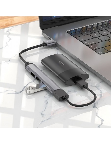 USB šakotuvas Hoco HB26 4-in-1 adapter USB-A to 1xUSB3.0 + 3xUSB2.0 pilkas