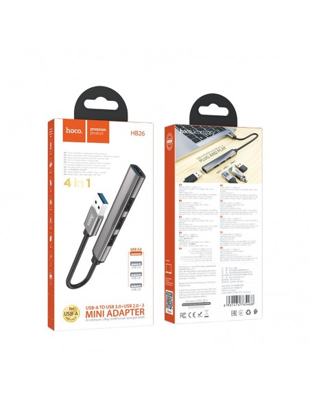 USB šakotuvas Hoco HB26 4-in-1 adapter USB-A to 1xUSB3.0 + 3xUSB2.0 pilkas