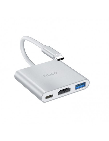Adapteris Hoco HB14 Type-C to USB-A+HDMI+Type-C sidabrinis