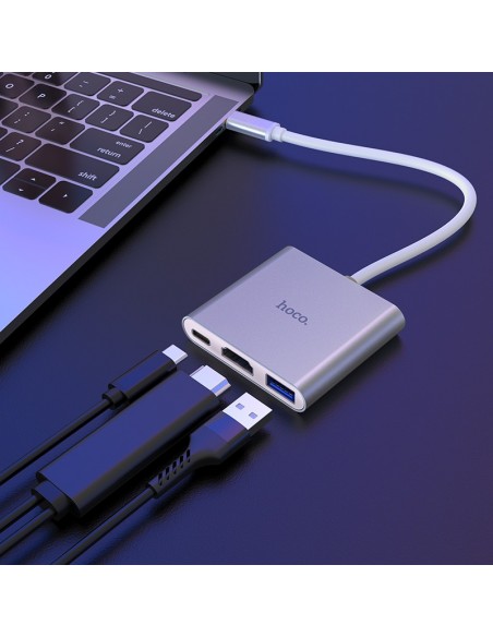Adapteris Hoco HB14 Type-C to USB-A+HDMI+Type-C sidabrinis