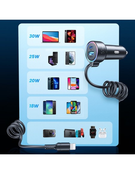 Įkroviklis automobilinis Joyroom JR-CL07 3-in-1 USB/Type-C 55W + Type-C 1.5m juodas