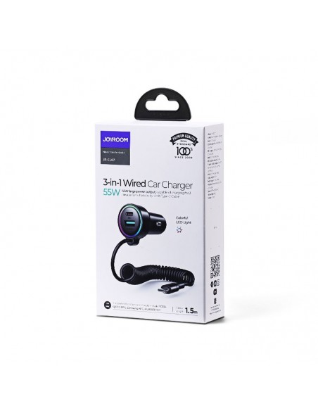 Įkroviklis automobilinis Joyroom JR-CL07 3-in-1 USB/Type-C 55W + Type-C 1.5m juodas
