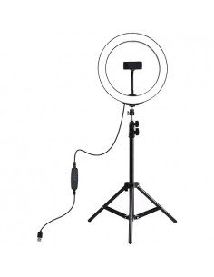 LED žiedinė lempa 26cm, su trikoju stovu iki 1.1m ir telefono laikikliu, USB