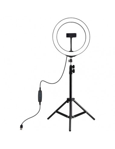 LED žiedinė lempa 26cm, su trikoju stovu iki 1.1m ir telefono laikikliu, USB