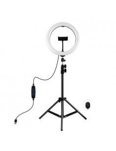 LED žiedinė lempa 26cm, su trikoju stovu iki 1.1m ir telefono laikikliu, USB