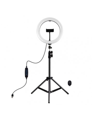 LED žiedinė lempa 26cm, su trikoju stovu iki 1.1m ir telefono laikikliu, USB
