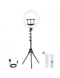 LED žiedinė lempa 46cm, su trikoju stovu iki 1.8m ir 3 telefono laikikliais, USB