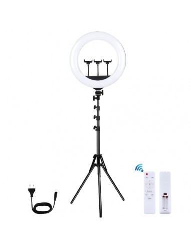 LED žiedinė lempa 46cm, su trikoju stovu iki 1.8m ir 3 telefono laikikliais, USB