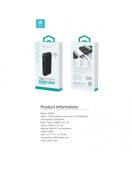 Išorinė baterija Power Bank Devia Kintone Series 20000mAh juoda
