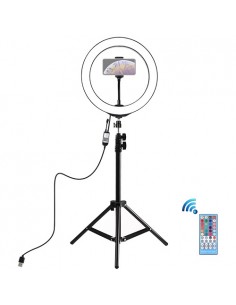 LED žiedinė lempa 26cm, su trikoju stovu iki 1.1m ir telefono laikikliu, USB