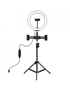 LED žiedinė lempa 26cm, su trikoju stovu iki 1.1m ir 3 telefono laikikliais, USB