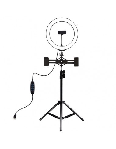 LED žiedinė lempa 26cm, su trikoju stovu iki 1.1m ir 3 telefono laikikliais, USB