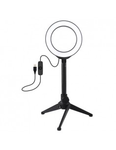 LED žiedinė lempa 12cm, su trikoju staliniu stovu iki 21.8cm, USB,