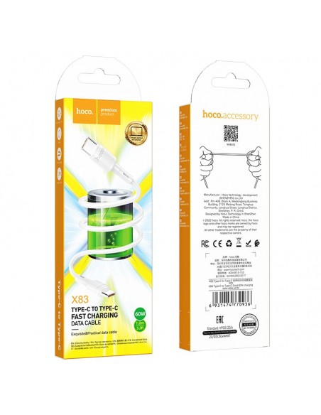 USB kabelis Hoco X83 60W Type-C to Type-C 1.0m baltas