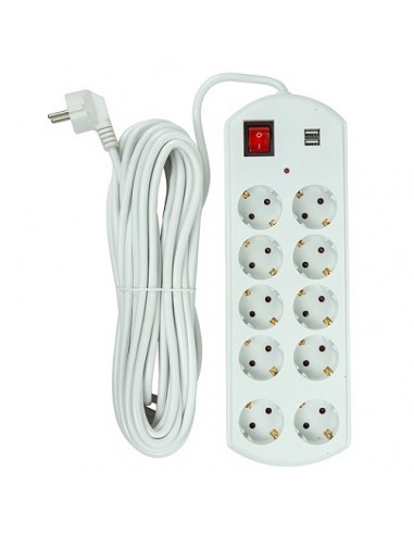 Buitinis ilgiklis 10m, 10 lizdų, 2x USB, su jungikliu