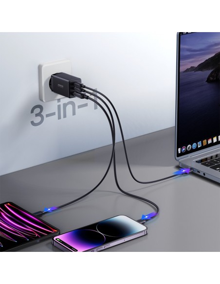 Įkroviklis buitinis Joyroom GaN JR-TCG01 2xUSB-C/USB-A 65W + USB-C cable 1.2m juodas