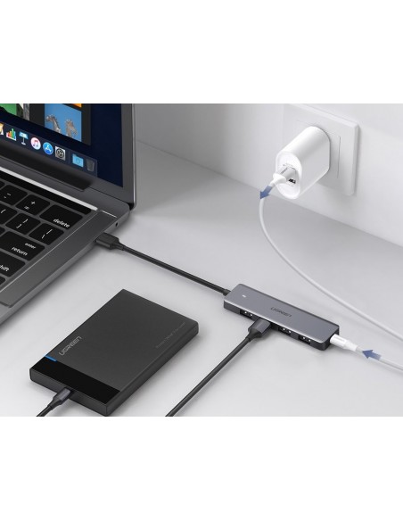 USB šakotuvas Ugreen CM219 USB-A to 4xUSB-A (MicroUSB Power Supply) pilkas
