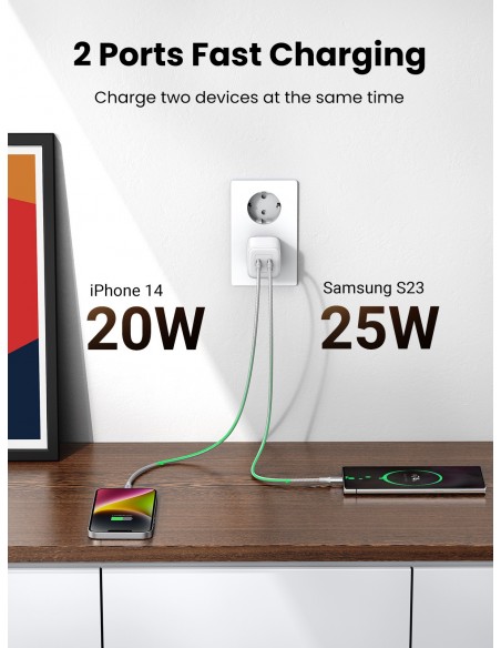 Įkroviklis buitinis Ugreen CD294 Nexode GaN 2xUSB-C 45W baltas