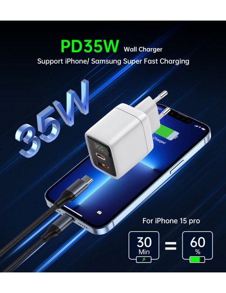 Įkroviklis Choetech PD6052 USB-C/USB-A PD35W GaN baltas
