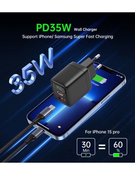 Įkroviklis Choetech PD6052 USB-C/USB-A PD35W GaN juodas