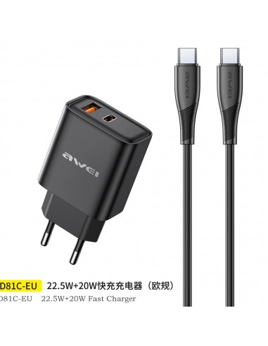 Įkroviklis Awei PD81C-EU USB-A/USB-C + USB-C to USB-C cable juodas