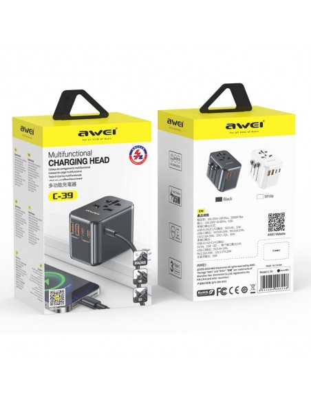Universalus kelioninis įkroviklis Awei C-39 GaN 35W 2xUSB-A/3xUSB-C juodas