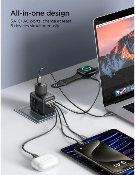 Universalus kelioninis įkroviklis Joyroom JR-TCW01 3xUSB-A/USB-C juodas