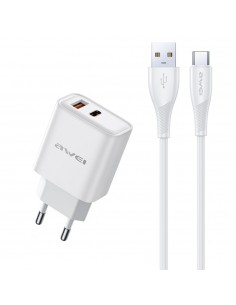 Įkroviklis Awei PD81T-EU USB-A/USB-C + USB to USB-C cable baltas