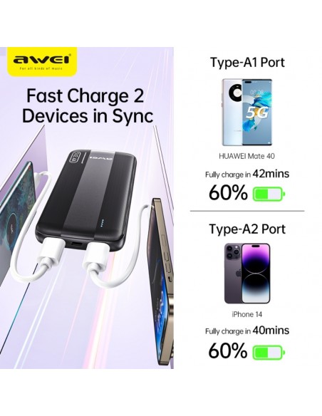 Išorinė baterija Power Bank Awei P20K 5V/2.4A 10000mAh juoda