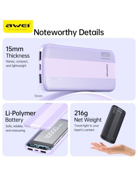 Išorinė baterija Power Bank Awei P20K 5V/2.4A 10000mAh juoda
