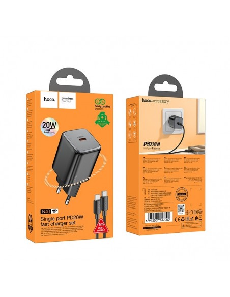 Įkroviklis Hoco N40 USB-C PD20W + USB-C to USB-C 1.0m juodas