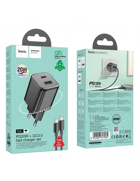 Įkroviklis Hoco N41 USB-A/USB-C PD20W+QC3.0 + USB-C to USB-C cable 1.0m juodas