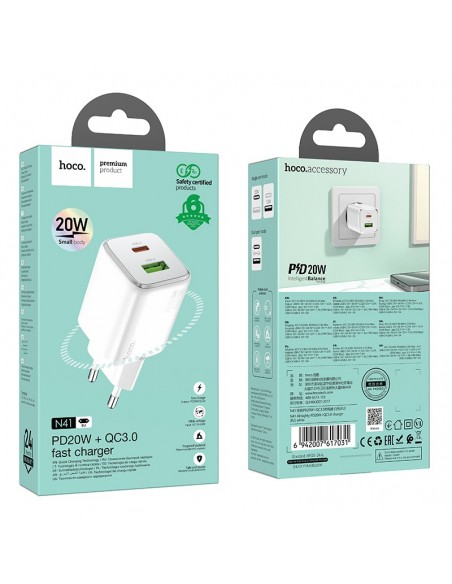 Įkroviklis Hoco N41 USB-A/USB-C PD20W+QC3.0 baltas