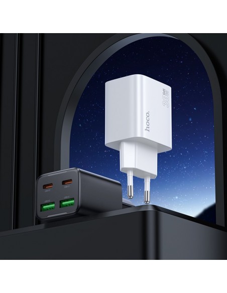 Įkroviklis Hoco N56 2xUSB-C/2xUSB-A PD30W + USB-C to USB-C cable 1.0m baltas
