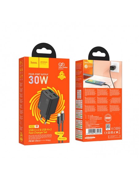 Įkroviklis Hoco N56 2xUSB-C/2xUSB-A PD30W + USB-C to USB-C cable 1.0m juodas