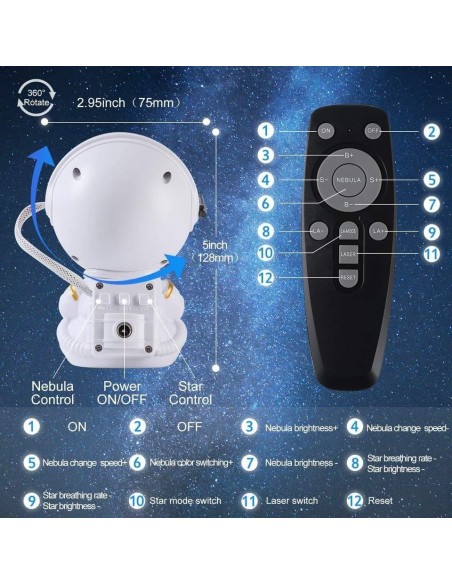 LED 3D galaktikų ir žvaigždžių projektorius Reach Mini Astronaut, baltas