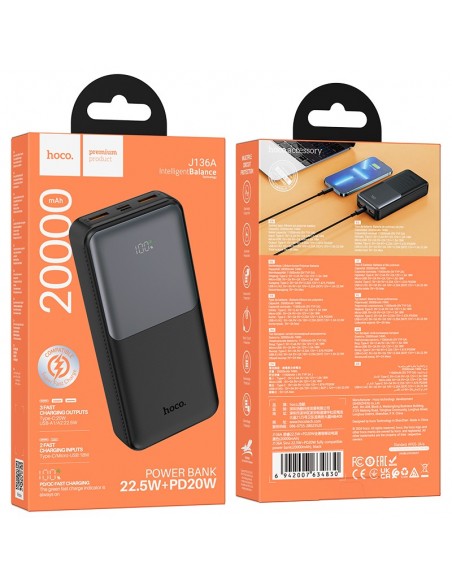 Išorinė baterija Power Bank Hoco J136A 22.5W+PD20W 20000mAh juoda