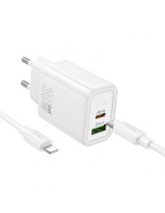 Įkroviklis Hoco N63 30W GaN USB-C/USB-A + USB-C to Lightning cable 1.0m baltas